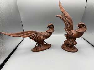 Vintage Style Pheasant Bird Figurines Set of 2 Brown Wood Look Sculptures